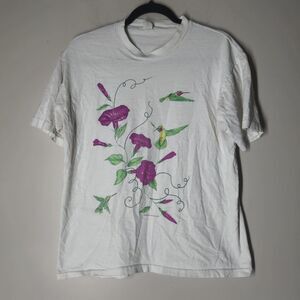 Vintage 1980s MCMXCII Bird Flower Shirt Size Large Made In USA Air Waves White